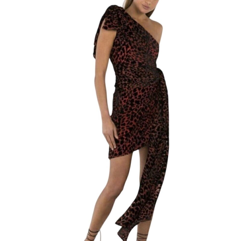 NWT Misha Collection Moxie Women’s Red Leopard One Shoulder Tie Dress Size 6